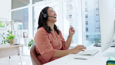 Asian-woman,-success-or-hands-on-call-center