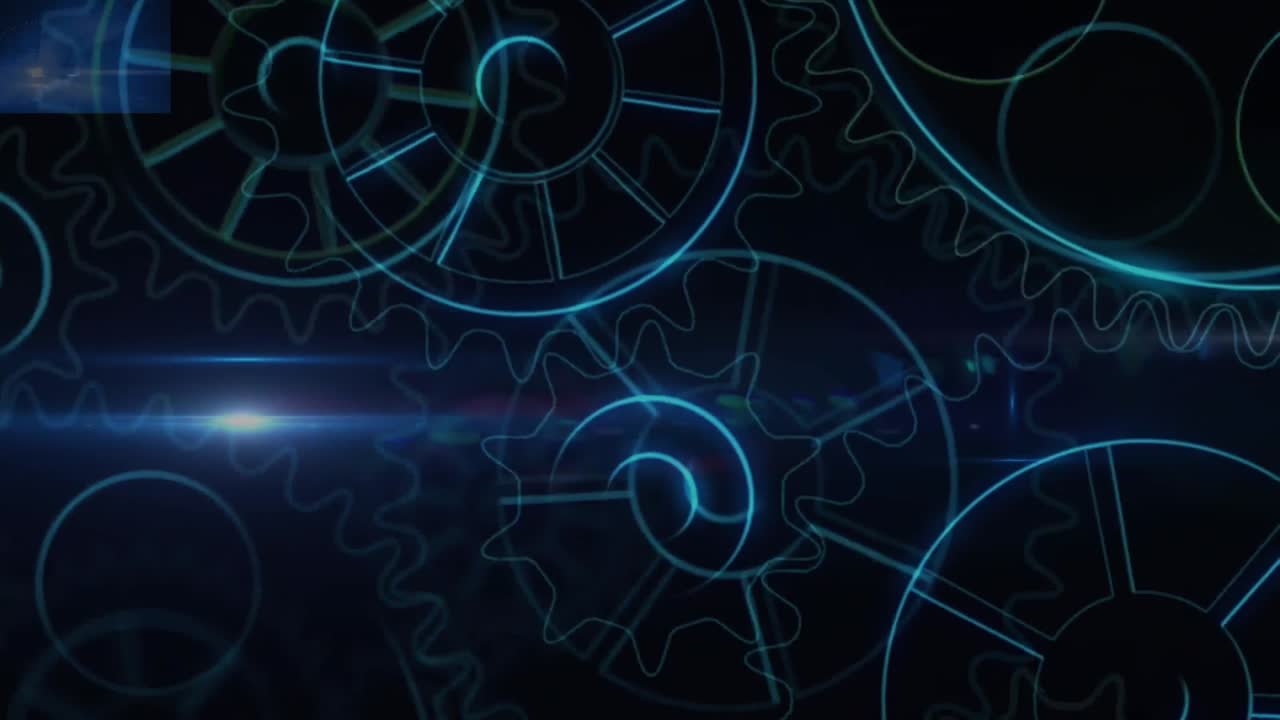 Animation of cogs and light trails on black background
