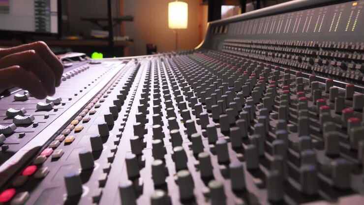 Primo piano di una console di missaggio audio professionale.