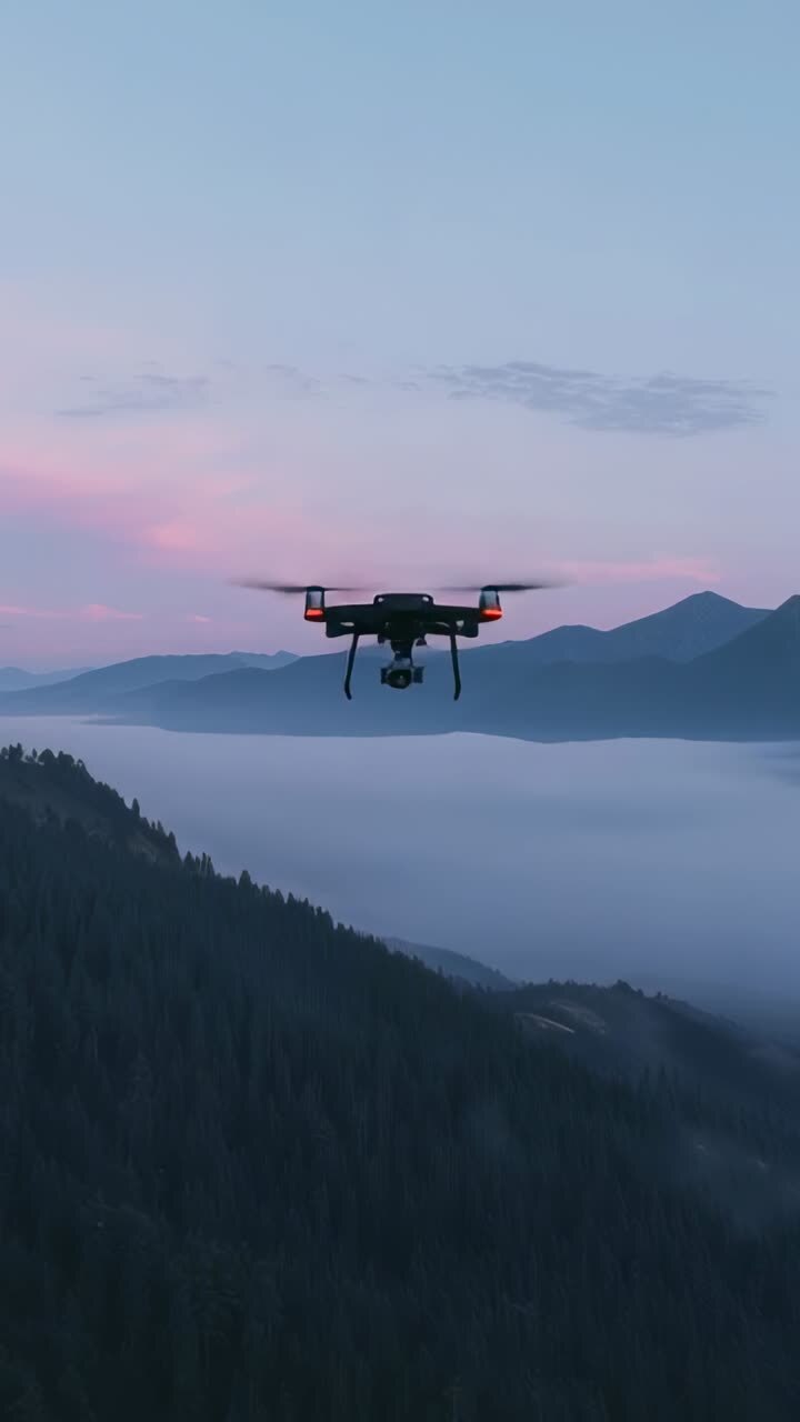 Vertical video: Rising thrust, drone closing on camera over mountain valley with fog and red lights