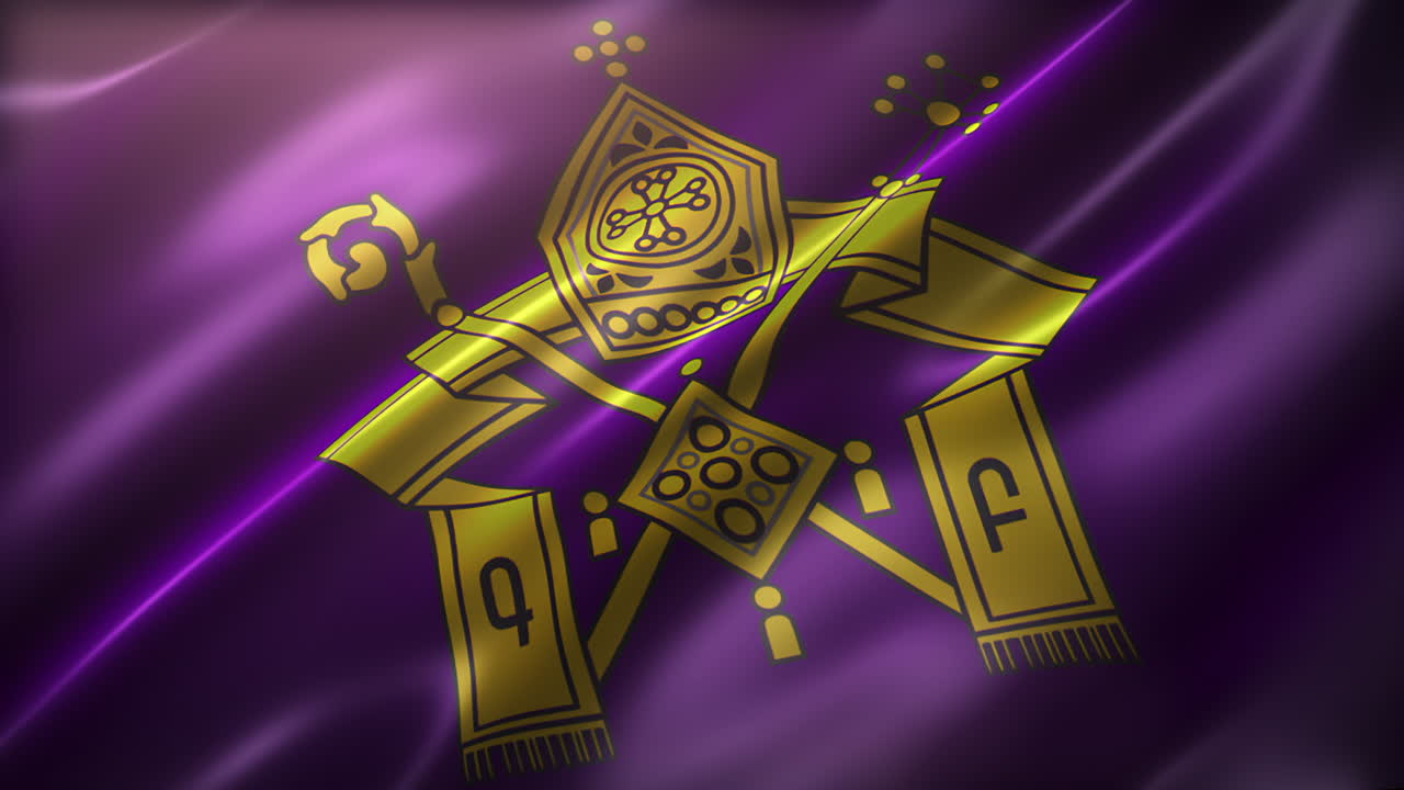 아르메니아 사도 교회 발, 포 뷰, 높은 각도, 반이는, 우아한 실크 텍스처, 바람에 흔들리는, 영화 같은 외관, 현실적인 4k cg 애니메이션, 느린 동작의 날아다니는, 원활한 루프 가능