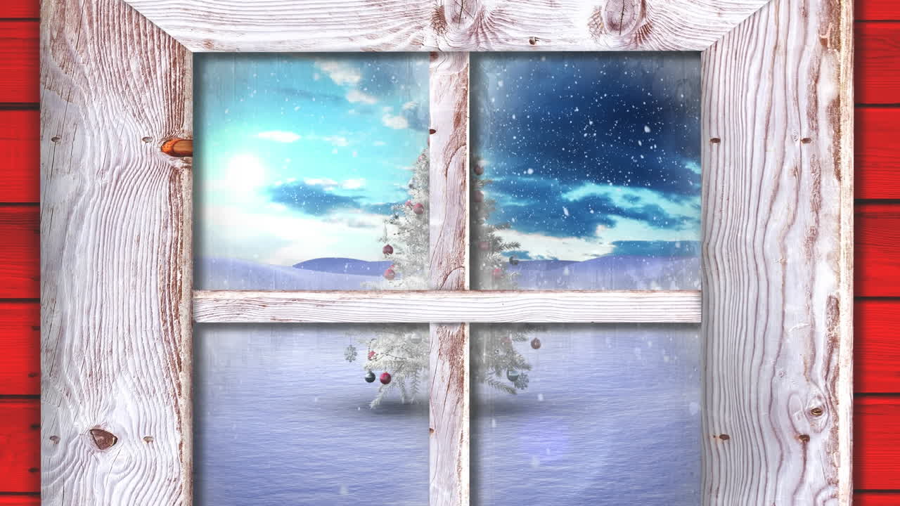 Wooden window frame against snow falling over christmas tree on winter landscape