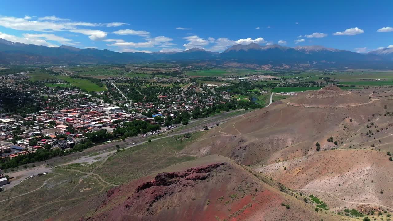 Collegiate Peaks 14ers S Mountain Tenderfoot Hill Salida Colorado aerial drone right circle motion Buena Vista Rocky mountain town Chaffee County USA Arkansas River hiking trails blue sky sunny day