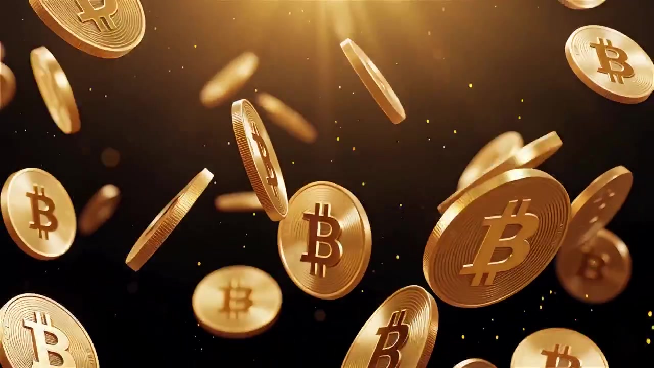 Bitcoin in rotazione su sfondo nero drammatico 4k