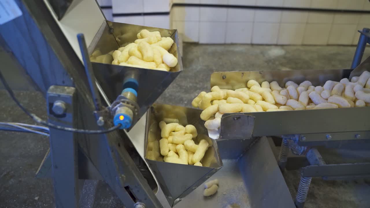 Metal buckets on the feeding conveyor for loose products. Automatic sorting line for portions of corn sticks snacks