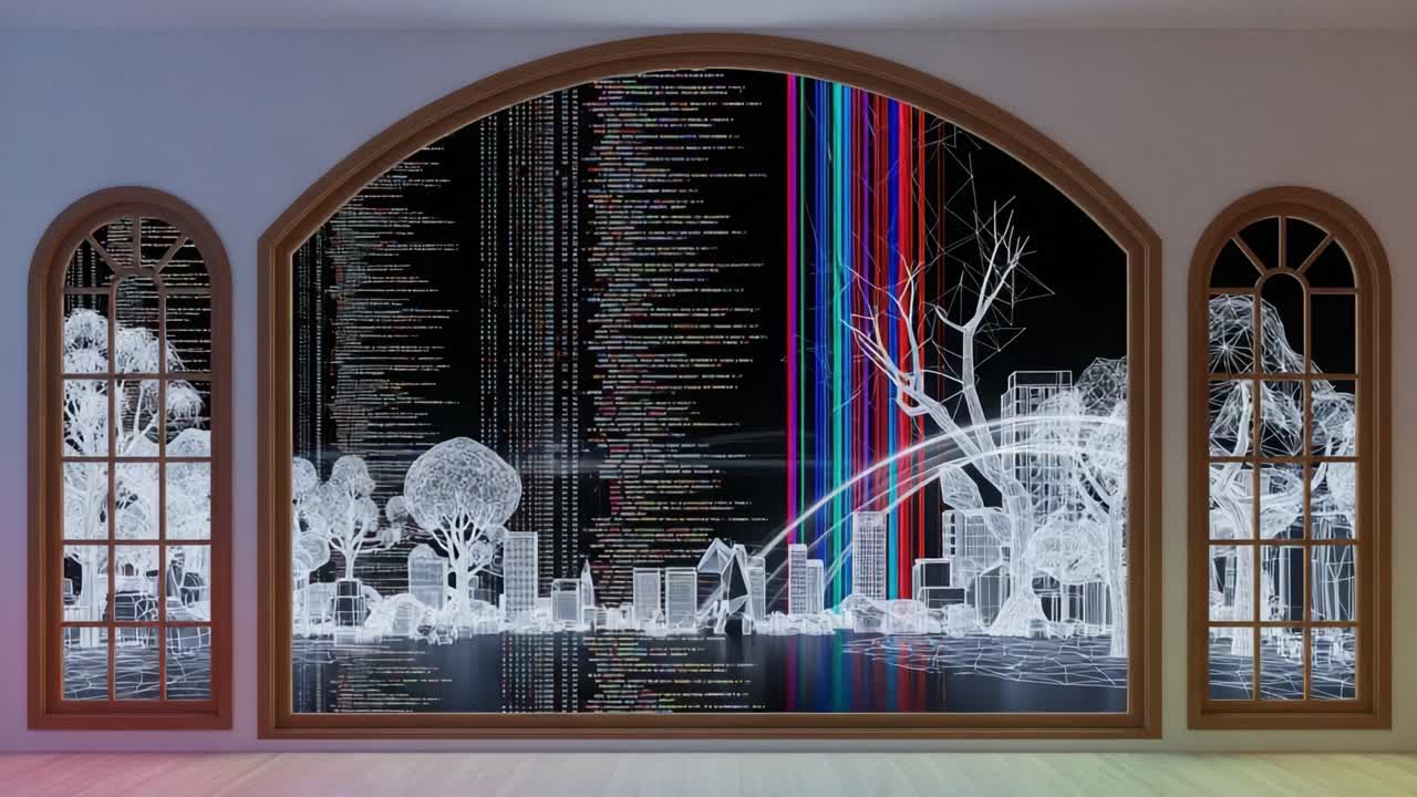 A Stunning Digital Landscape: White Trees and Vibrant Colors Against a Dark Background in an Artistic Window Framework