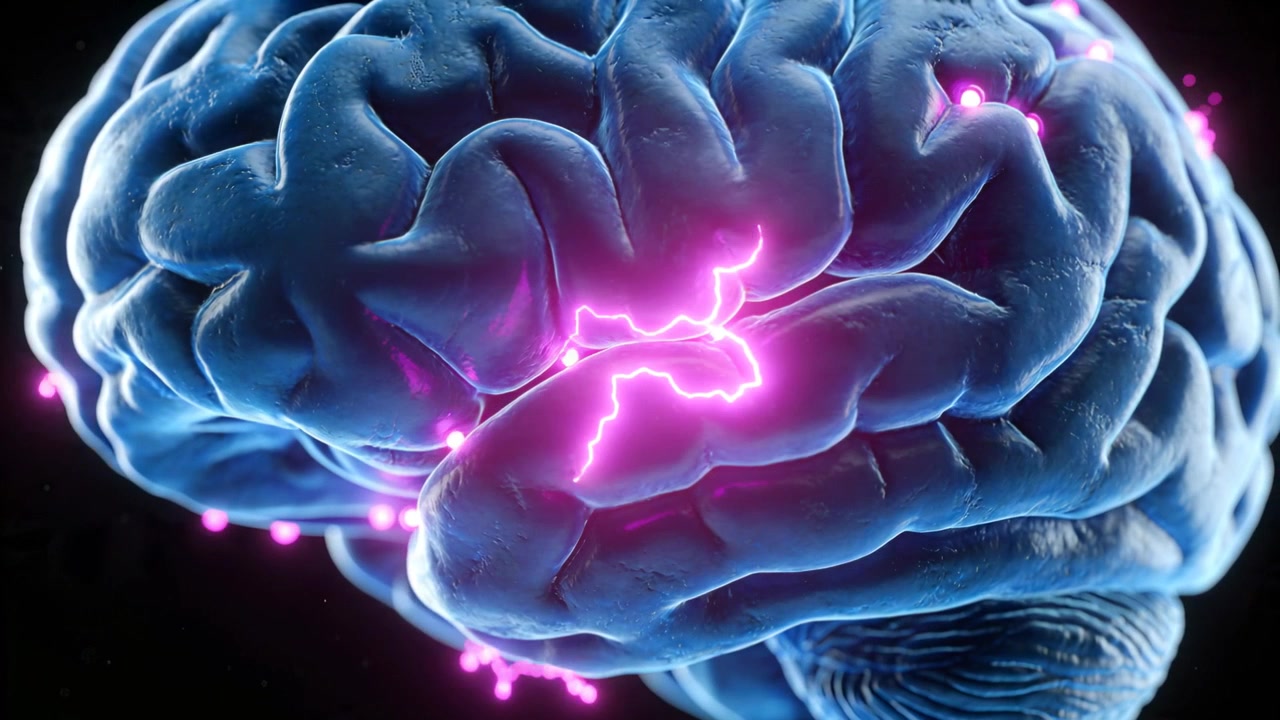 Starting with nodes firing, 3D brain model showing magenta pulses tracing left-lateral fold to map