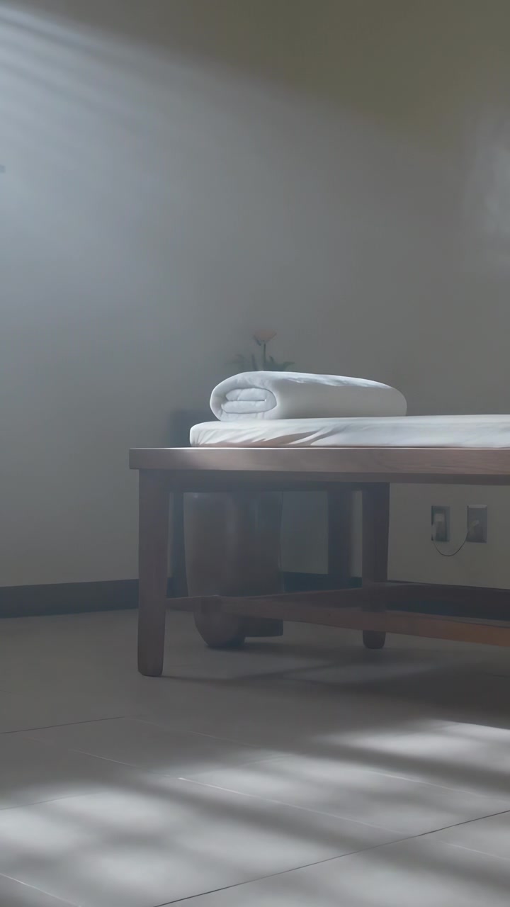 Video verticale: Luce in movimento dalla finestra che crea strisce sulle piastrelle, mostrando un asciugamano su una panca, segnando il tempo.