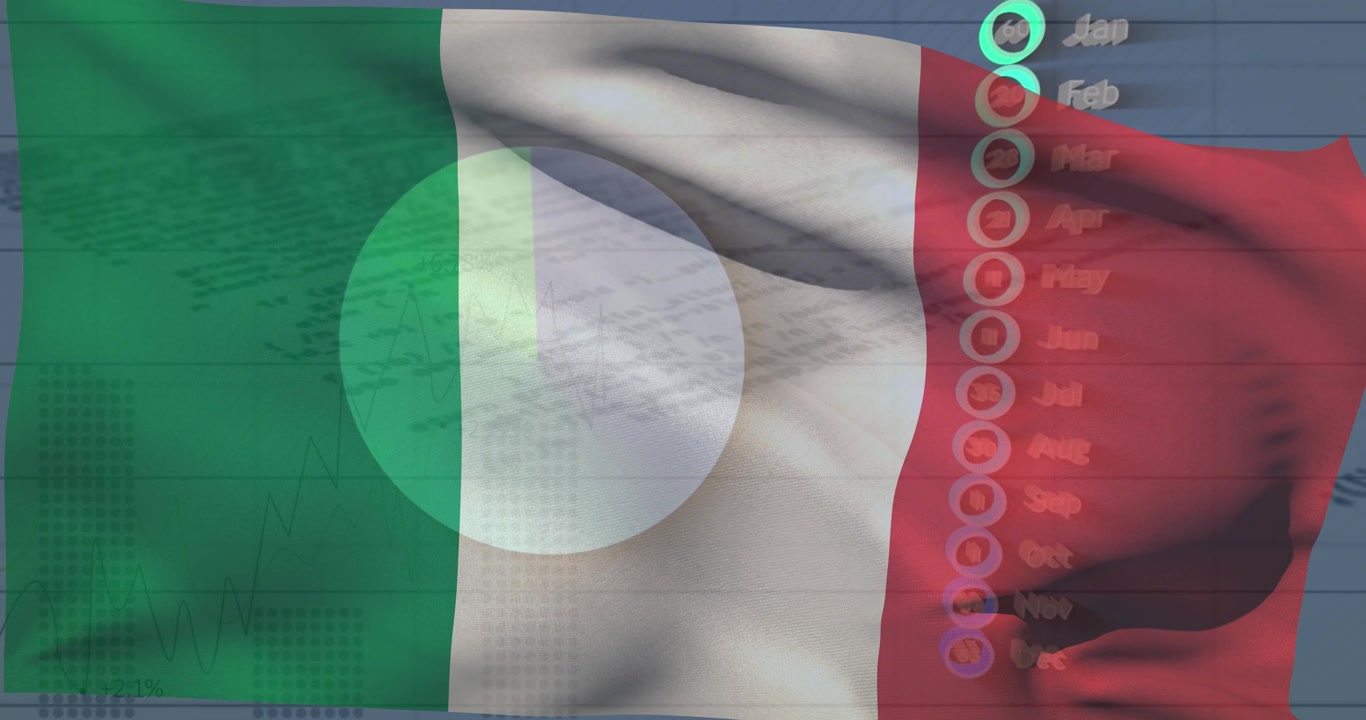 Animazione di grafici finanziari sulla bandiera italiana