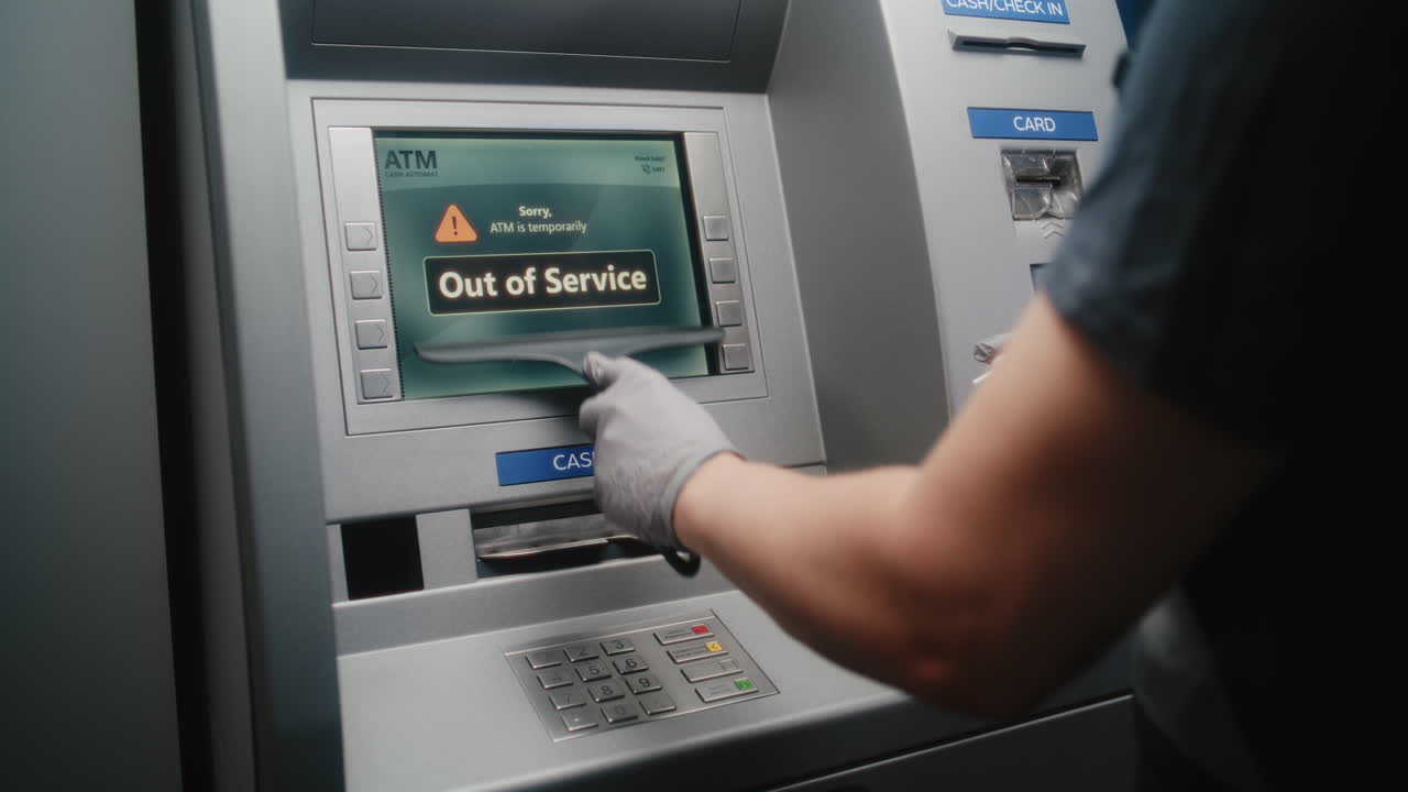 Cleaner Wiping Vandalized ATM Screen with Rag, Removing Graffiti, Scribbled Tags from Automated Teller Machine, Cash Machine. Cleaning Service, Property Damage, Vandalism of Public Banking Equipment.