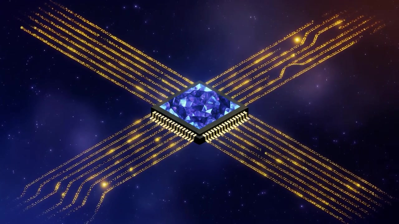 Digital processorchip med glødende datastrømme i rummet