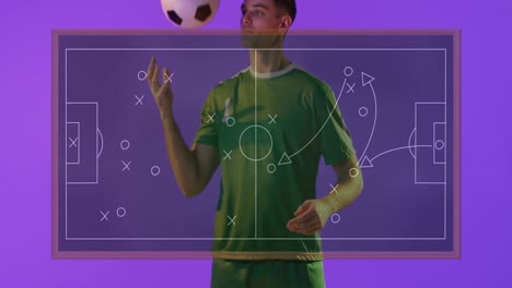 animation of caucasian male soccer player over stadium drawing