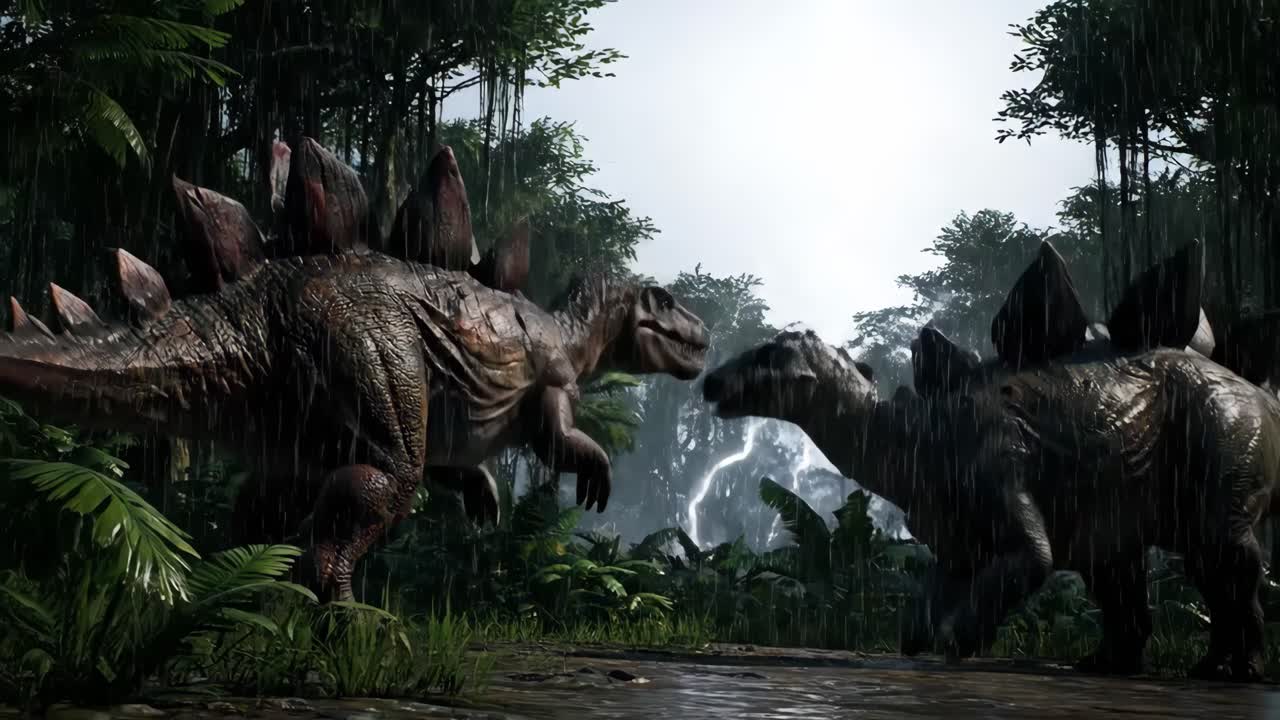 Stegosaurus Dinosaurs in a Rainy Jungle Environment