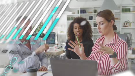 animation of statistical data processing against group of diverse colleagues discussing at office