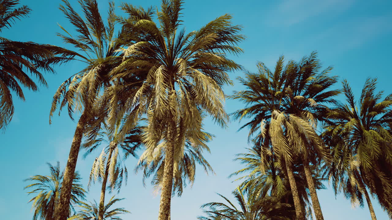 Lush palm trees reach toward the vibrant blue sky in sunlit paradise