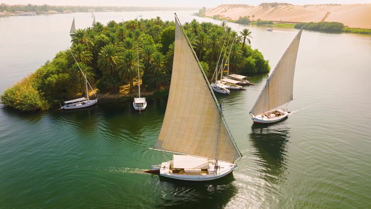 Navigando su una grande barca a vela classica spinta dalla brezza, passando un isolotto con barche ormeggiate verso le dune.