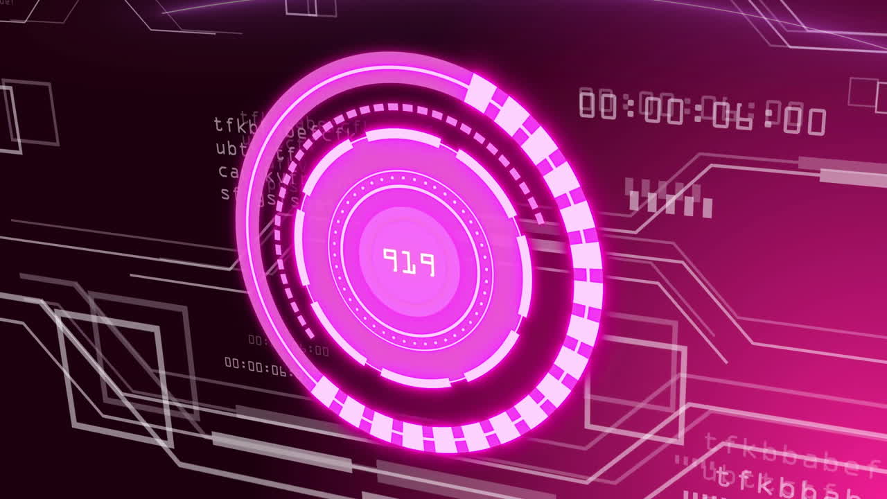 Antarmuka digital futuristik dengan lingkaran merah muda berputar dan animasi pemrosesan data