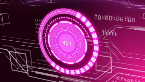 interfaz digital futurista con círculos rosados giratorios y animación de procesamiento de datos