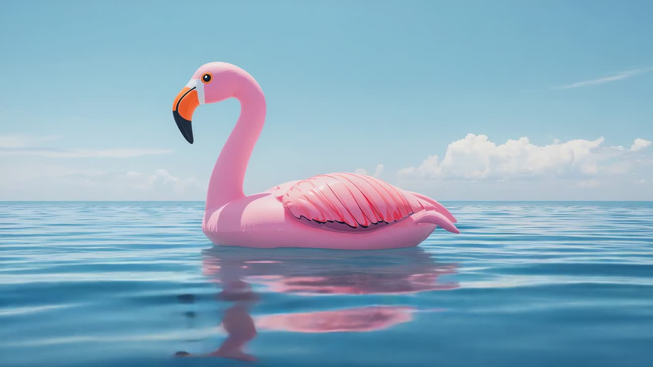 Nudging by light breeze, large pink inflatable flamingo float bobbing and tilting on open sea