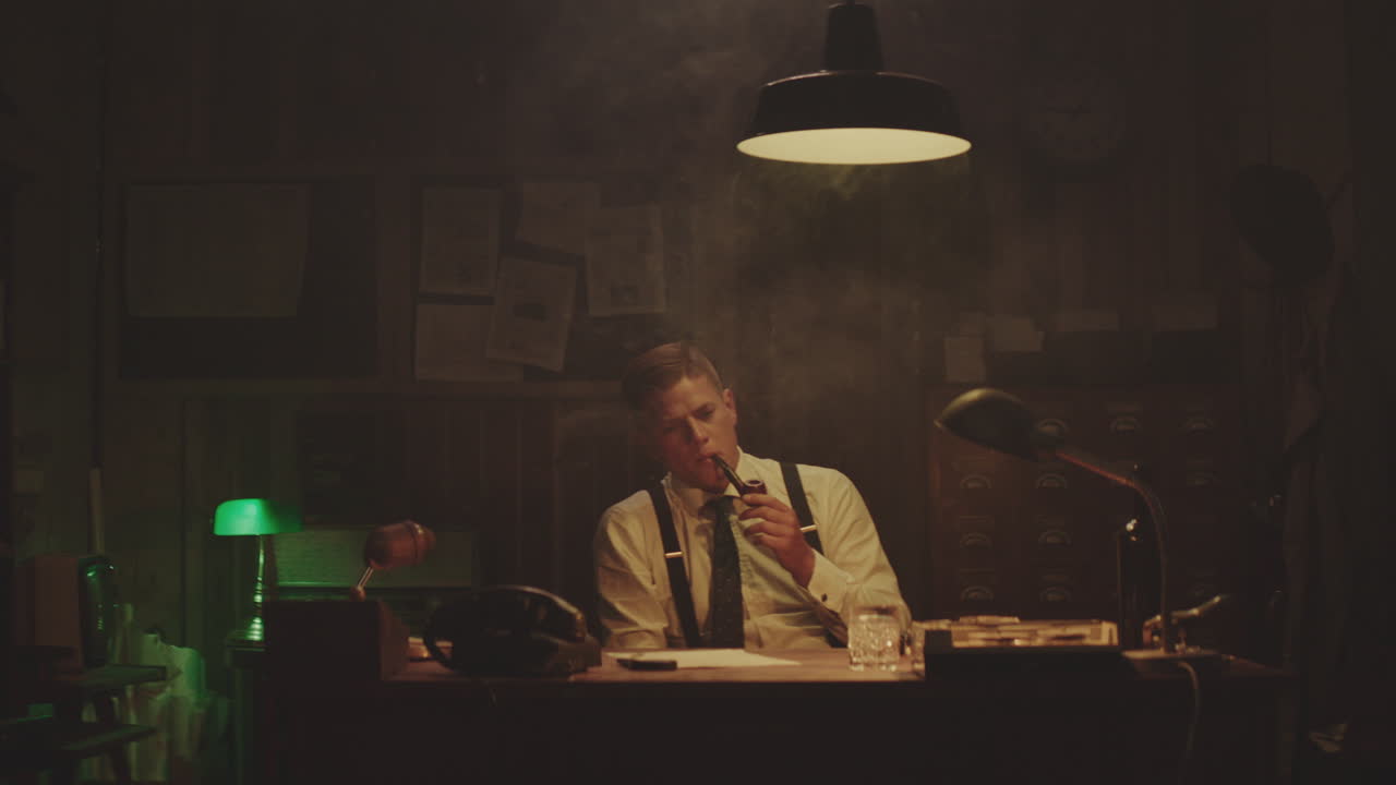 detective en su oficina por la noche