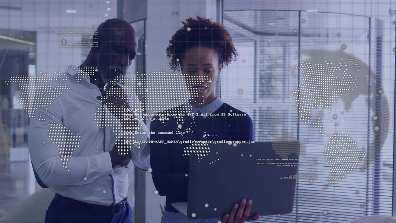 Woman offering laptop, presenting data analytics to man as dotted world map streaming across glass