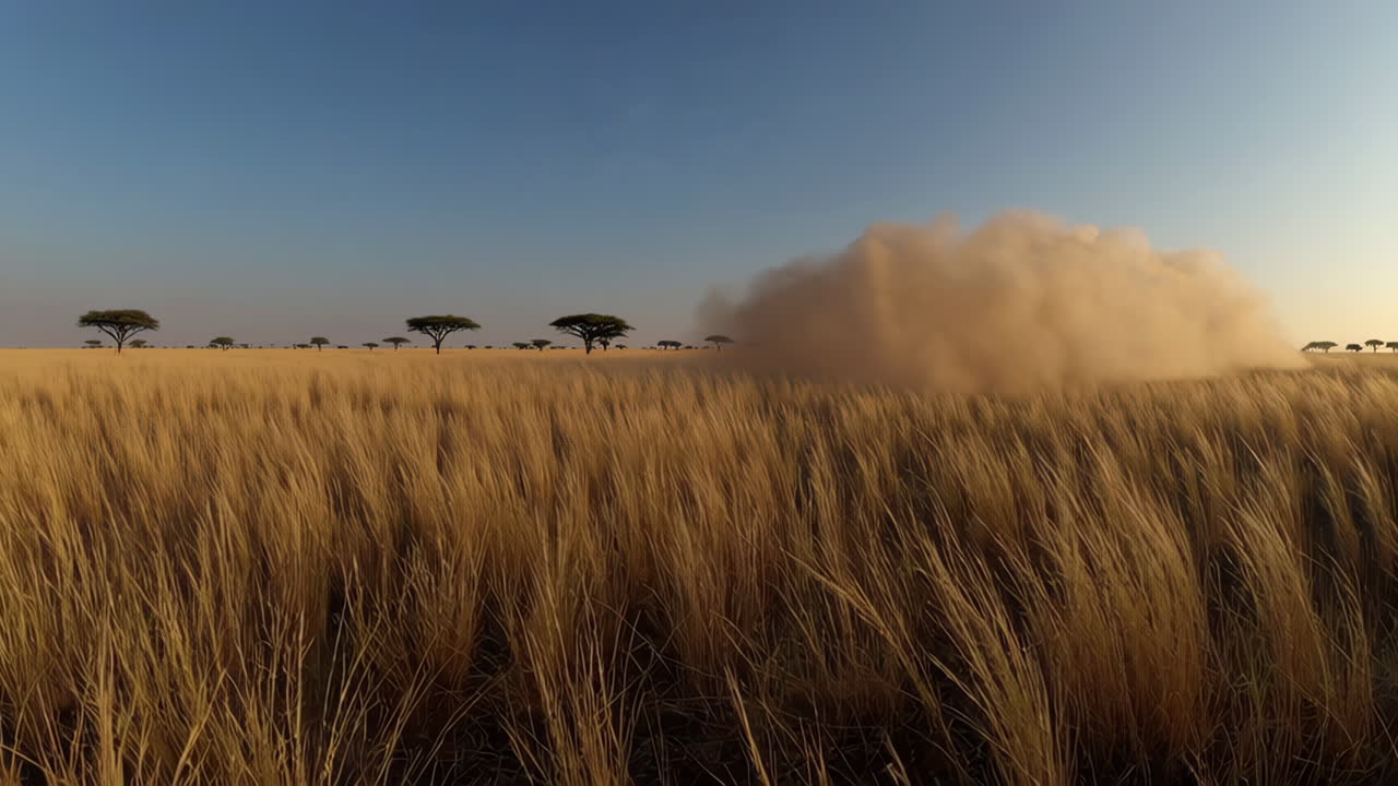 Vast Savanna Landscape with Dust Plume and Acacia Trees