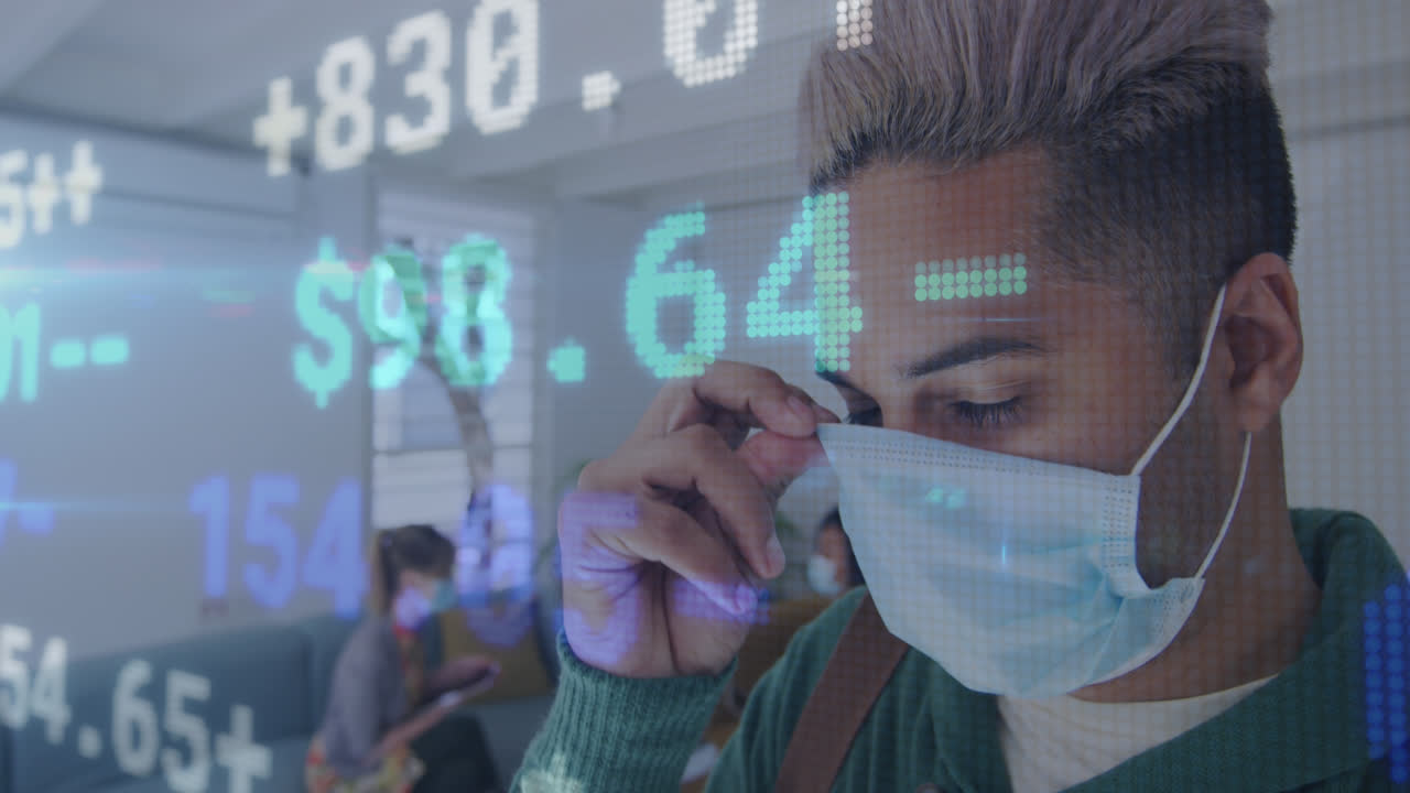 Animation of digital interface showing statistics with colleagues in office wearing face masks