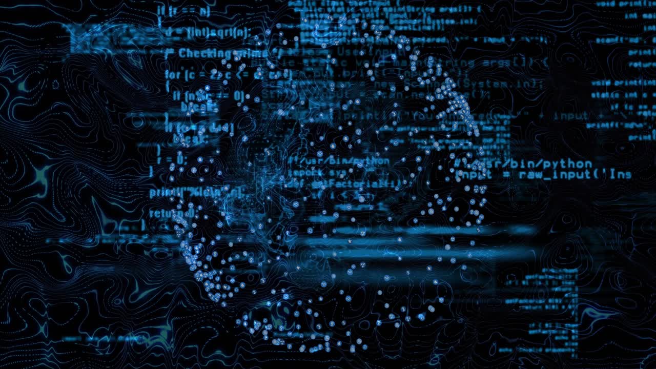Spherical network showing glowing blue nodes pulsing with floating code snippets in dark 3D render