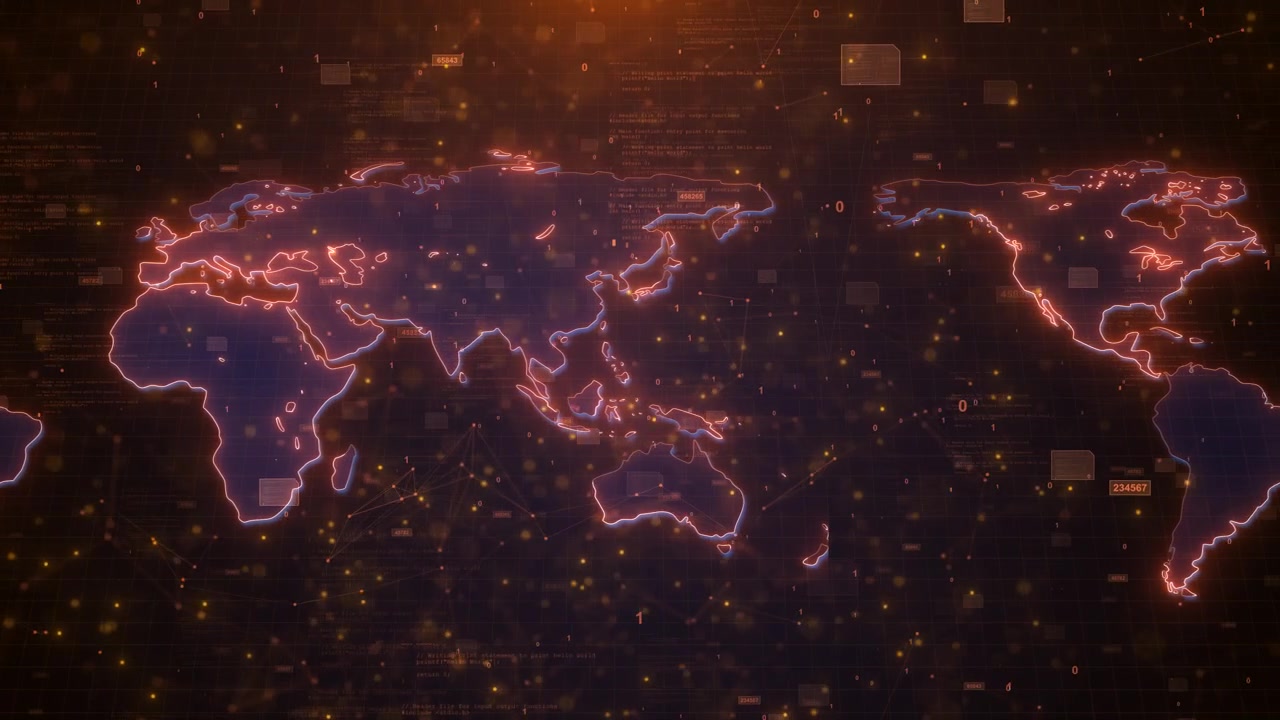 Digital world map code background glowing country outlines orange data numbers grid texture network