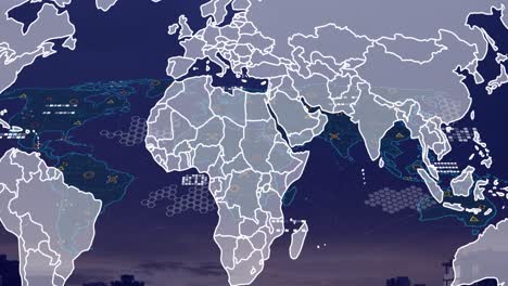 animation of world map with data processing over cityscape