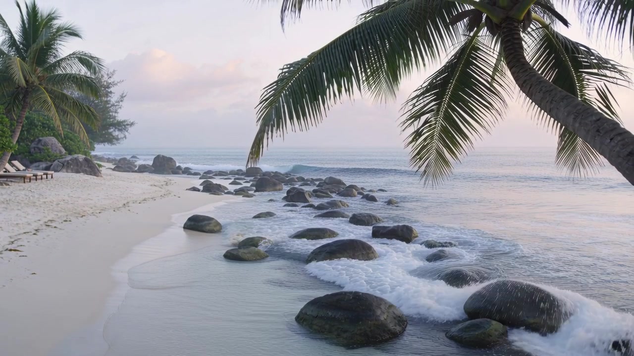 Ondas que chegam do horizonte, batendo em pedras arredondadas sob folhas de palmeira, formando espuma branca