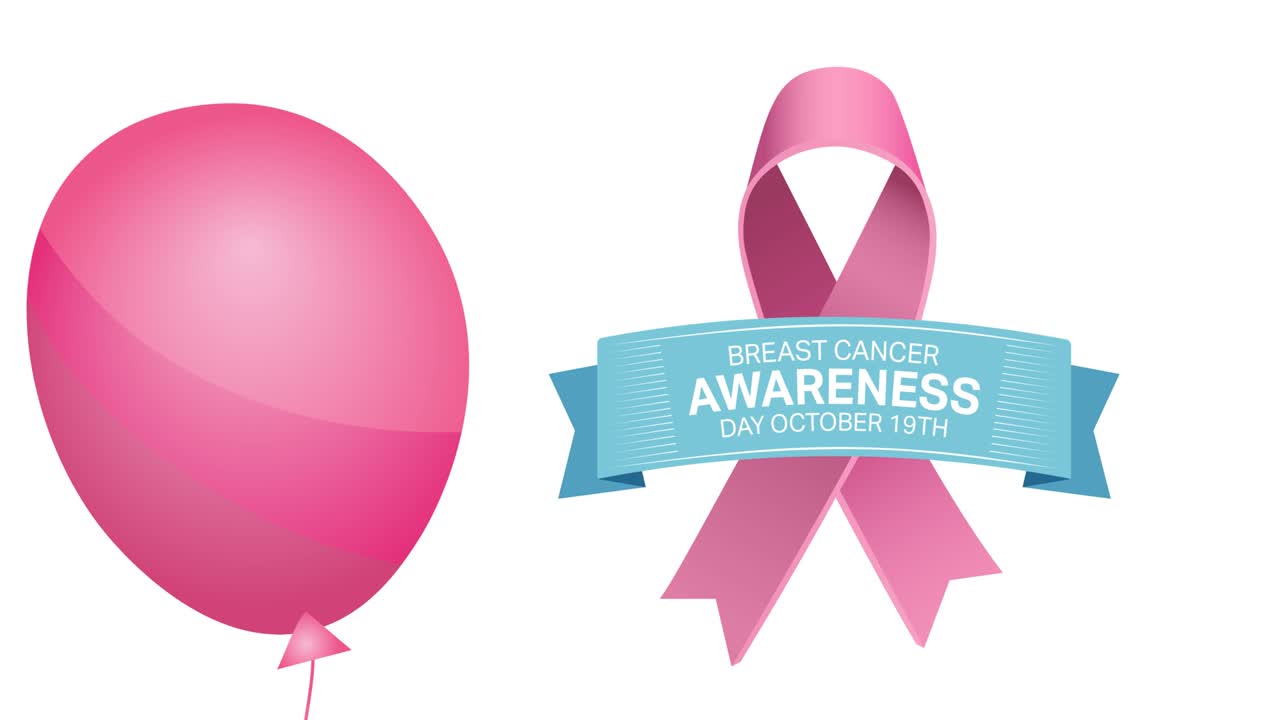 분홍색 리본 로고와 유방암 텍스트 위에 날아다니는 분홍색 풍선의 애니메이션