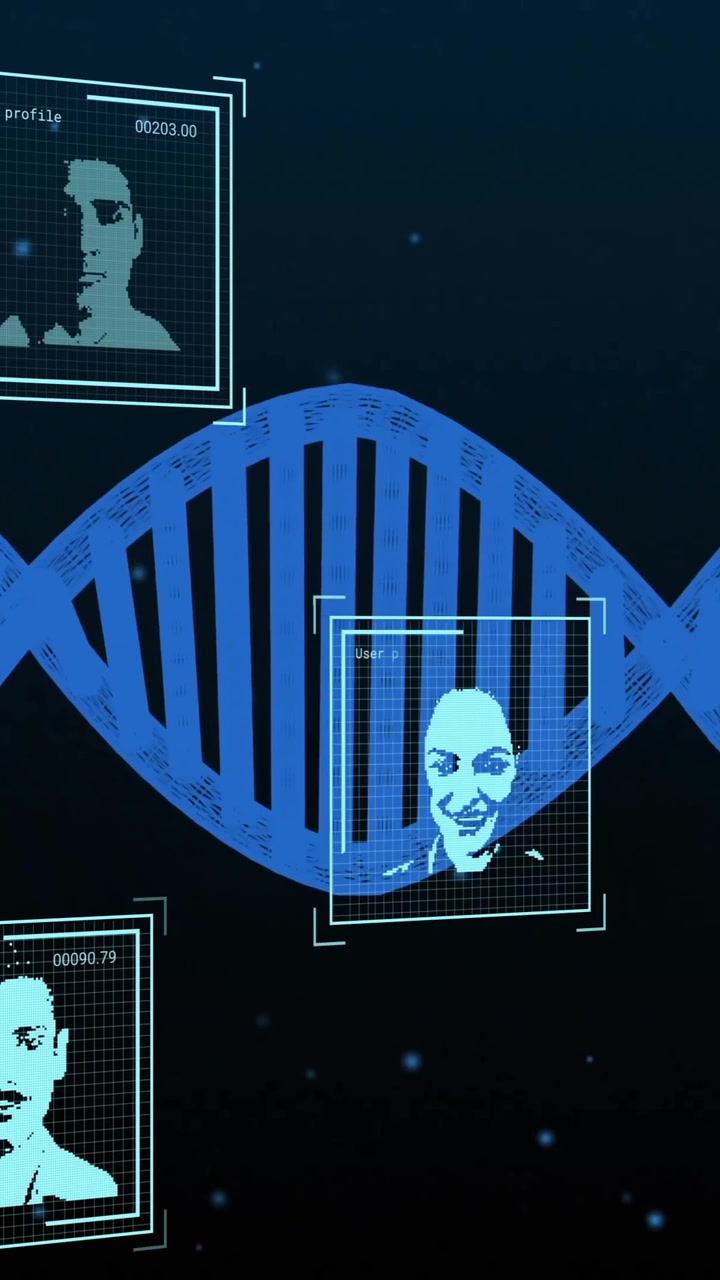 Analyzing genetic data, DNA strand with digital portraits in animation