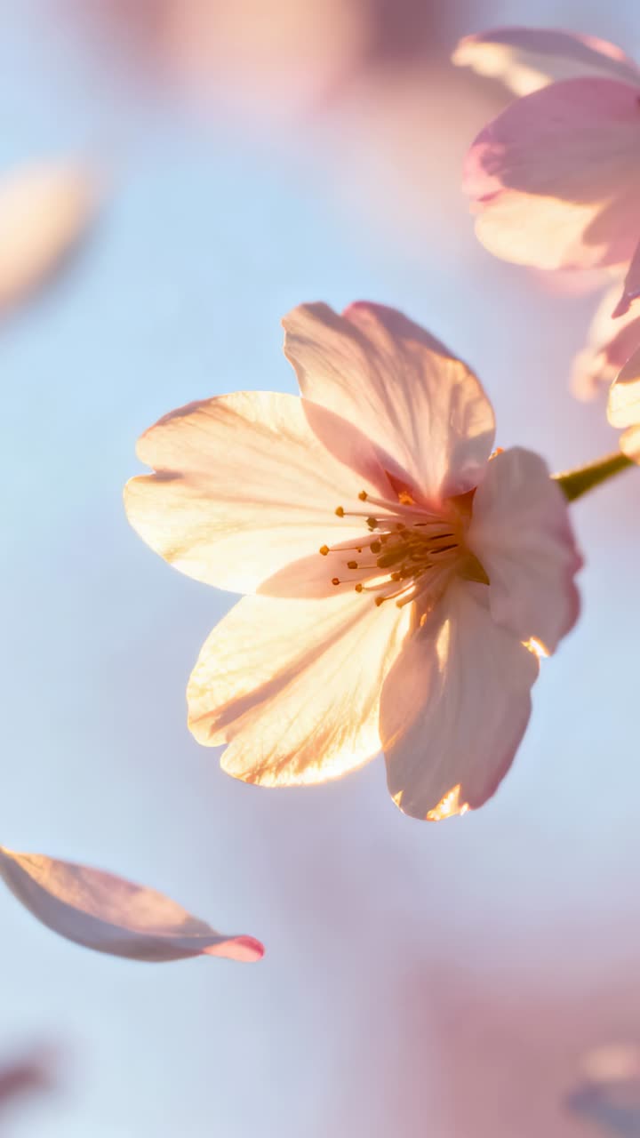 Vertical video: Drifting petal falling from breeze past pink cherry blossom under blue sky