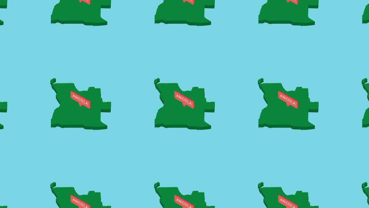 앙골라 (angola) - 파란색 바탕에 오렌지색 포인터가 그려진 초록색 이소메트릭 지도.