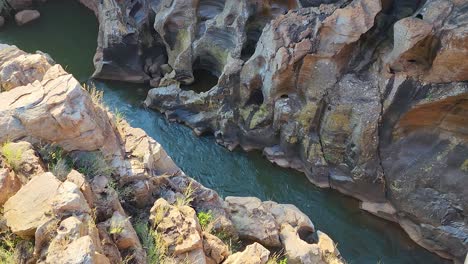 aerial top own of bourke's luck potholes blyde river canyon in graskop, mpumalanga south africa