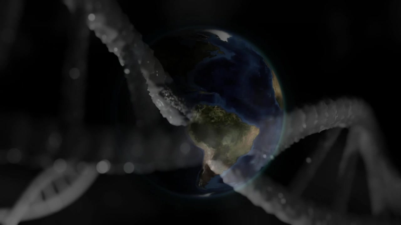 Karanlık boşlukta başlarken, DNA sarmalı kayıyor ve Dünya ortaya çıkarak genetik gezegen birliği için dönüyor.