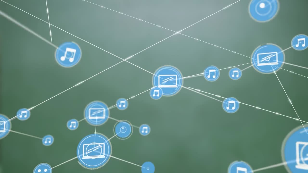 디지털 라인에 의해 이동 및 연결되는 노트북 및 음악 노트 아이콘의 애니메이션 3d 일러스트레이션