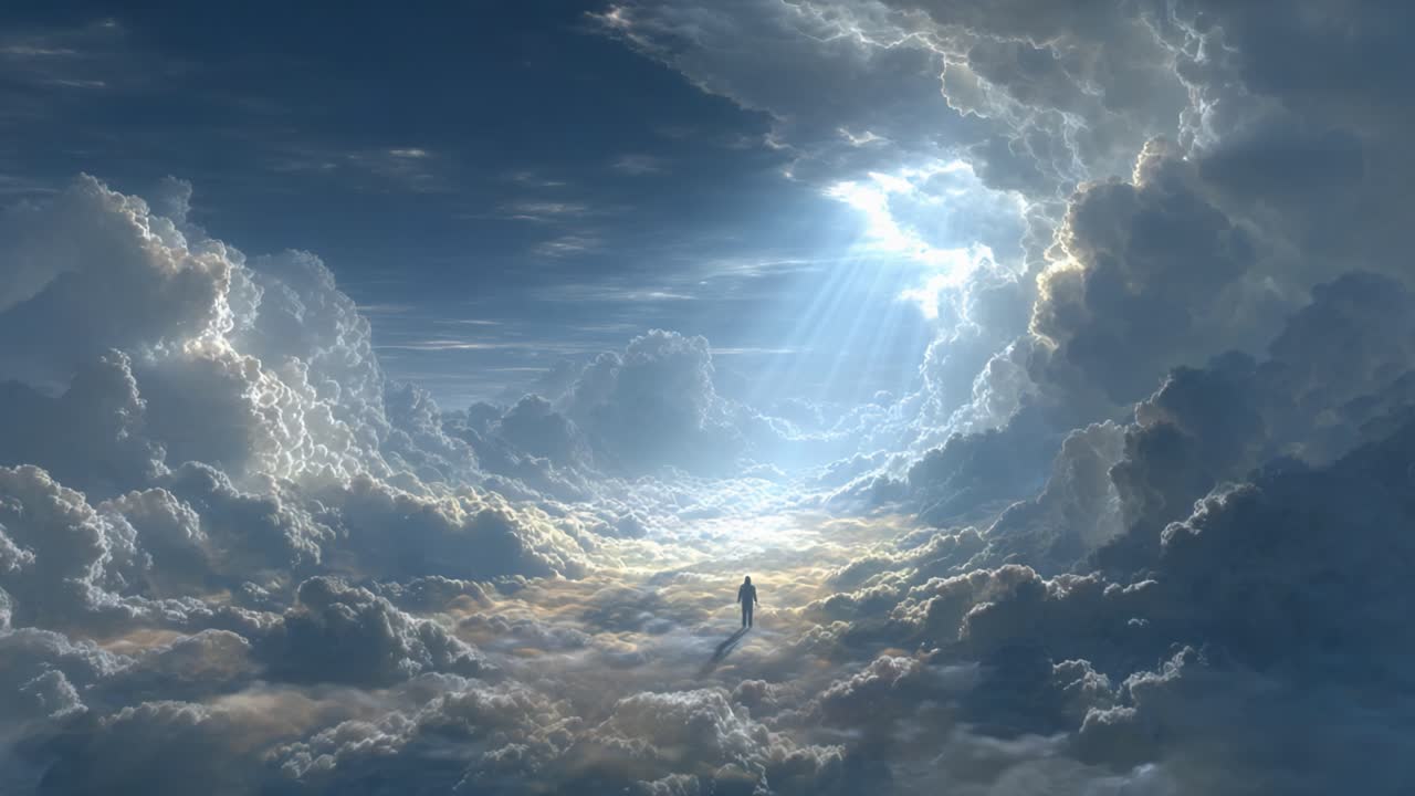 Un viaggio sereno attraverso nuvole eteree: una figura che cammina verso la luce in un cielo onirico, circondata da nuvole temporalesche turbolente e raggi di sole radiosi