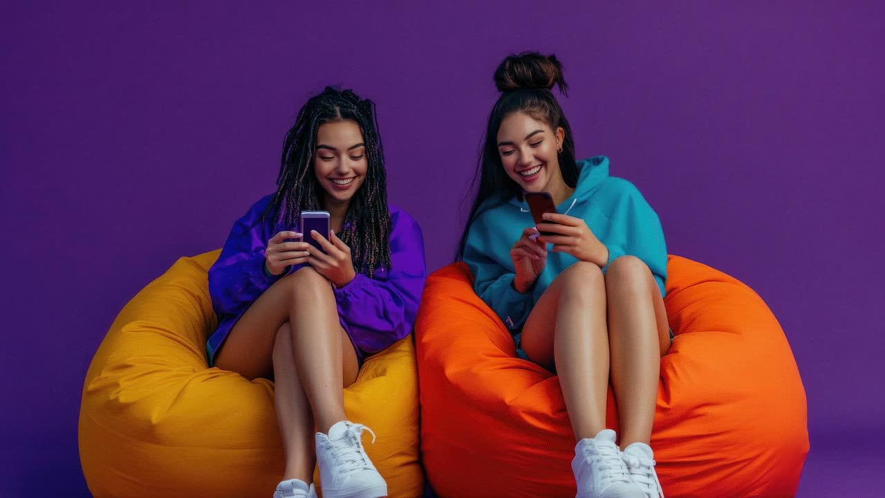 Two friends in colorful hoodies sit on bean bags, smiling at phones