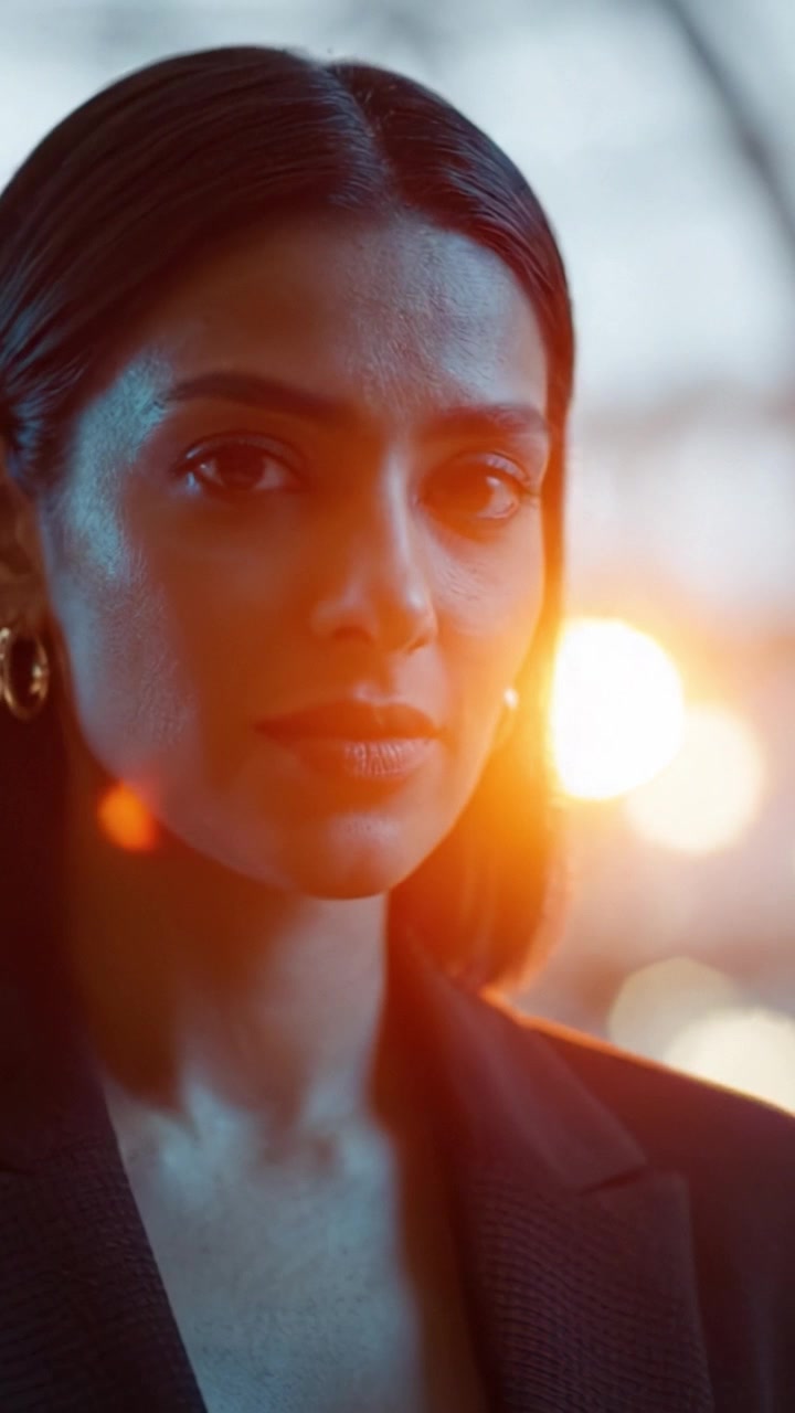 Um Retrato de Intensidade: Um Close-Up de uma Mulher Confiante com Traços Marcantes em um Cenário de Iluminação Dramática, Capturado em Dois Quadros