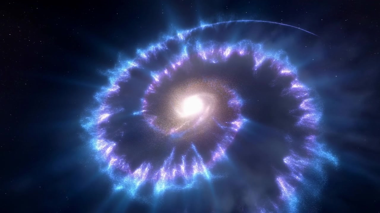 Una luminosa galassia a spirale brilla contro uno sfondo cosmico scuro, circondata da nuvole di nebulosa nebbiose, scie luminose radiose e particelle stellari sparse.
