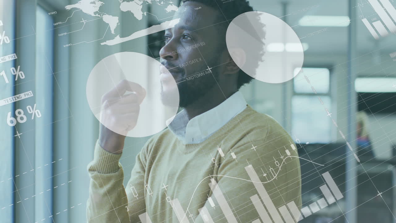 Statistical data processing against thoughtful african american man looking out of window at office