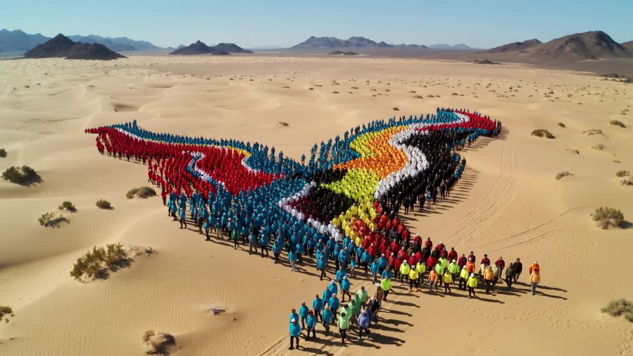 Drone in avvicinamento riprende le prime file che avanzano su un deserto sabbioso, indossando camicie e gilet colorati.