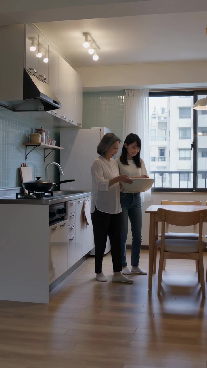 Video verticale: Mani pronte, mamma e figlia con maglie bianche che sollevano una grande ciotola bianca dalla cucina al tavolo.