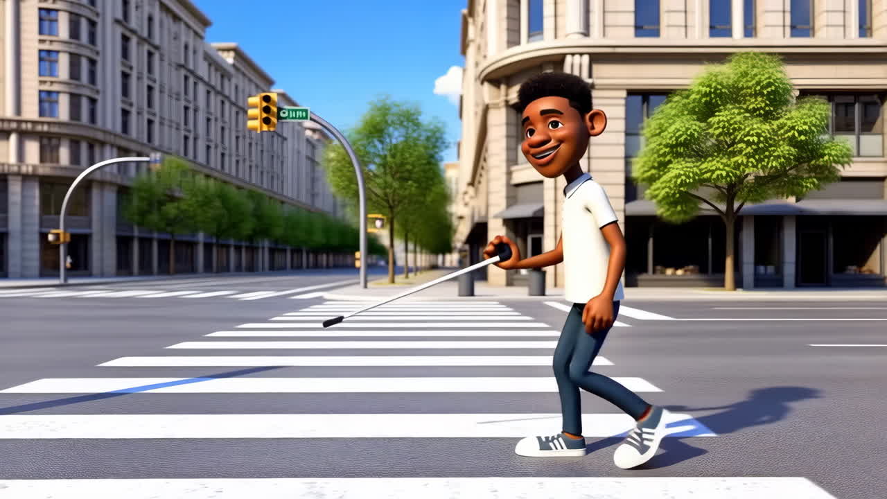 Animated Boy with White Cane Crossing Street