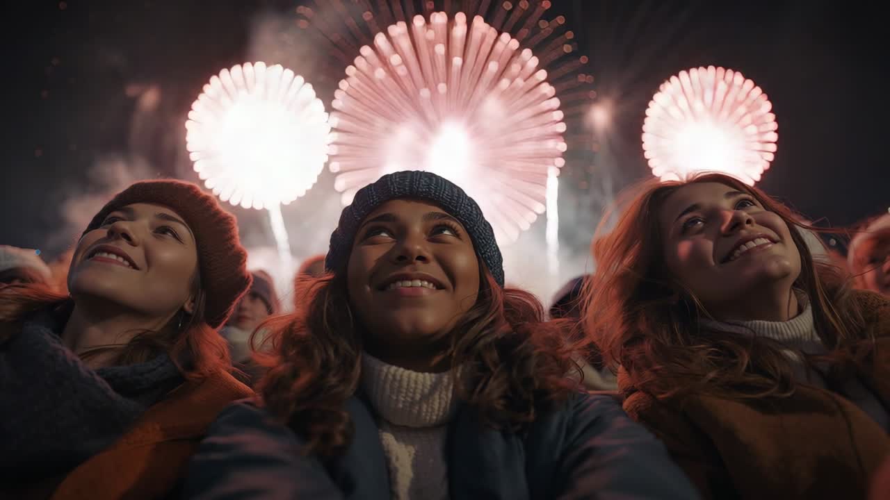 Reacting to first burst, friends in knit hats, scarves smiling upward at park, with firework shells