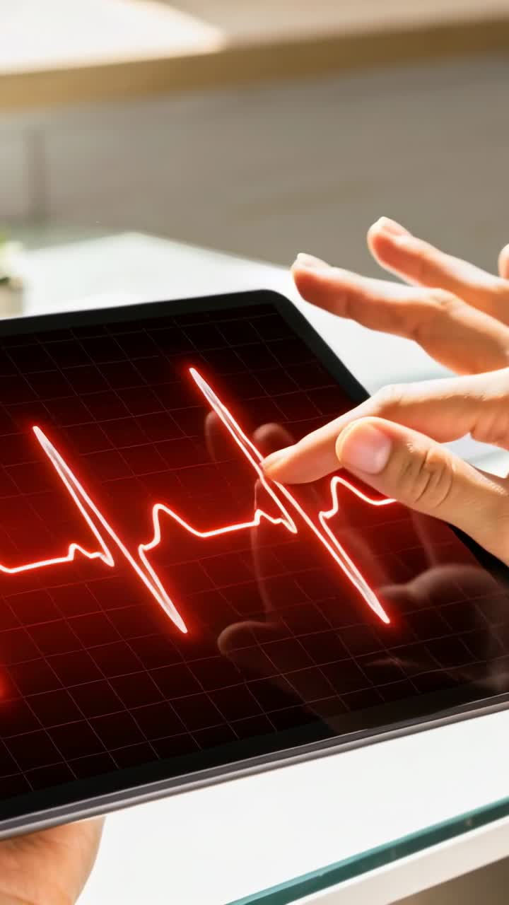 Video verticale: Mano destra che si allunga e tocca la forma d'onda ECG su un tablet su un bancone di vetro, ispezionando i dati.