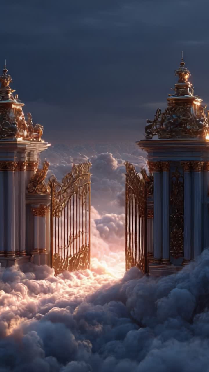 Un maestoso Golden Gate che si apre su un regno onirico di nuvole e luce, a simboleggiare la trasformazione e il passaggio in un santuario celeste di serenità
