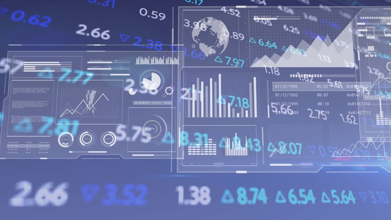 Dashboard panels sliding from right, drifting, rotating, revealing charts visualizing market trends